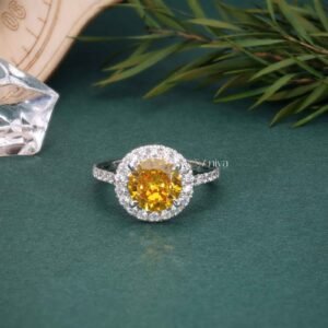 Stunning Orange Sapphire Round Halo Engagement Ring in 18kt White Gold