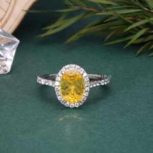 "Stunning Yellow Sapphire Oval and Diamond Halo Engagement Ring in 14K White Gold"