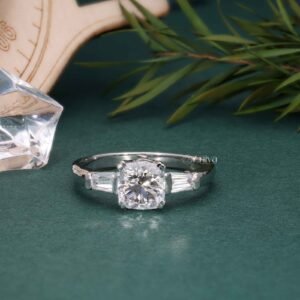 Cushion and Tapered Baguette Cut Three Stone Engagement Ring