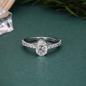 Timeless Oval Solitaire Diamond Ring with Pave Accents in 14K White Gold