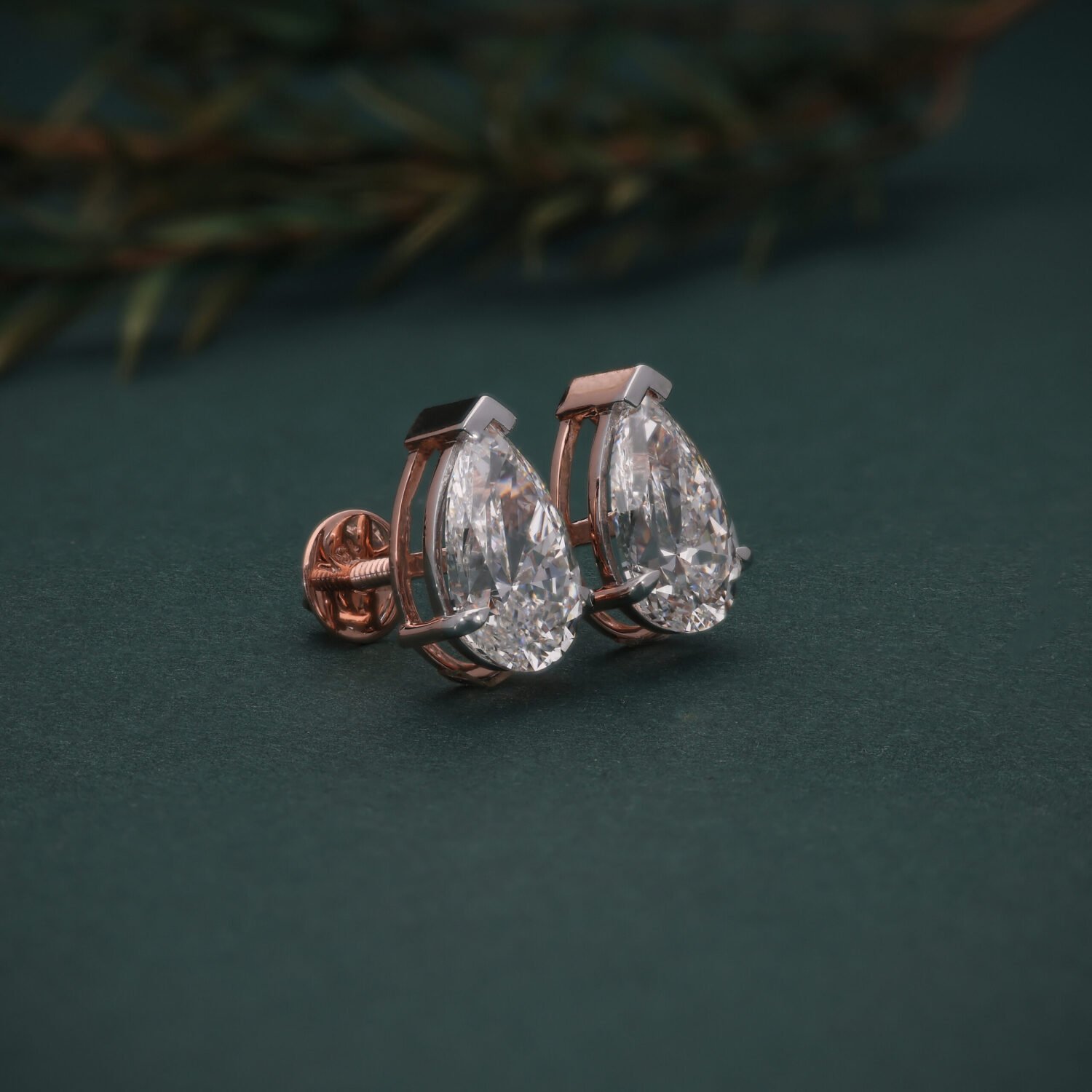 Elegant 18K Rose Gold Pear Diamond Stud Earrings