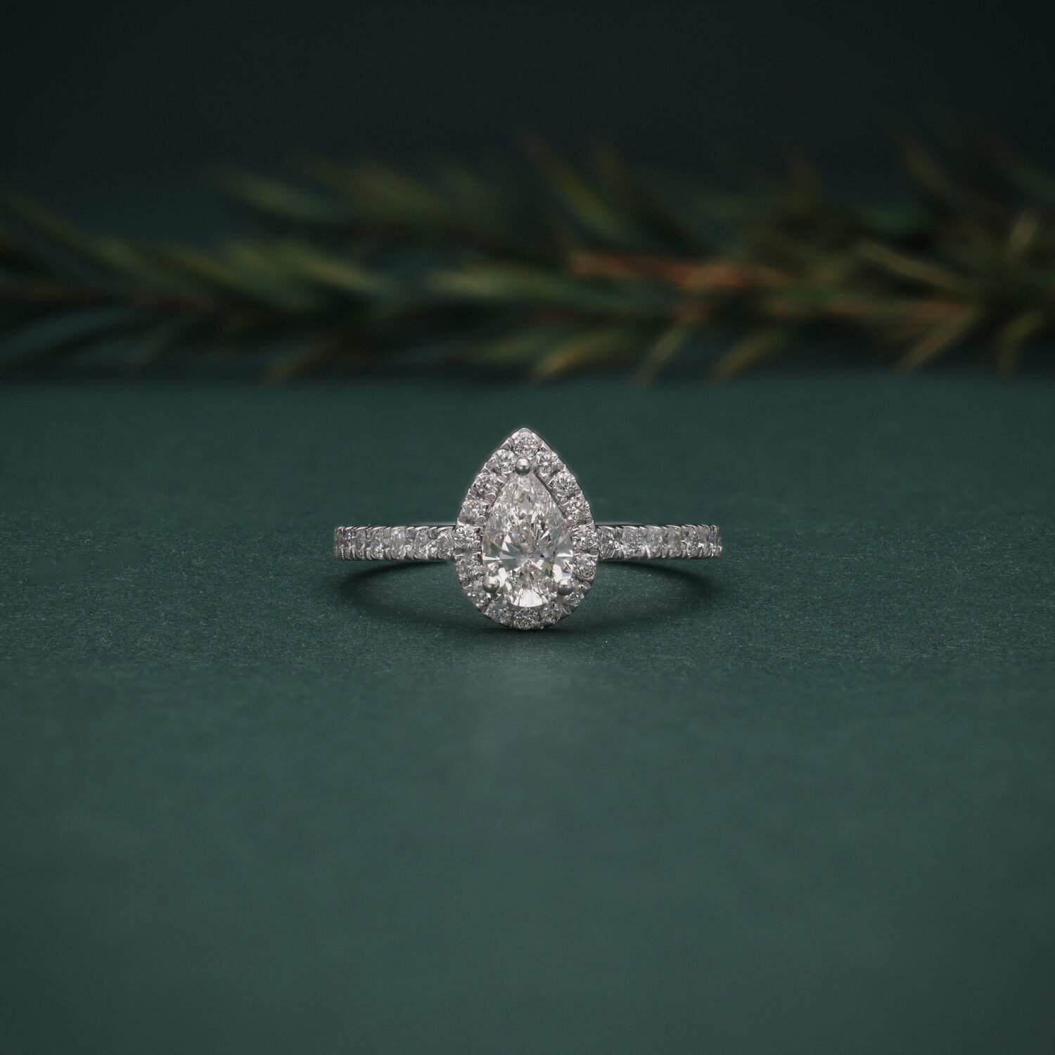 Isla Pear Shaped Diamond Halo Engagement Ring with Pavé Band