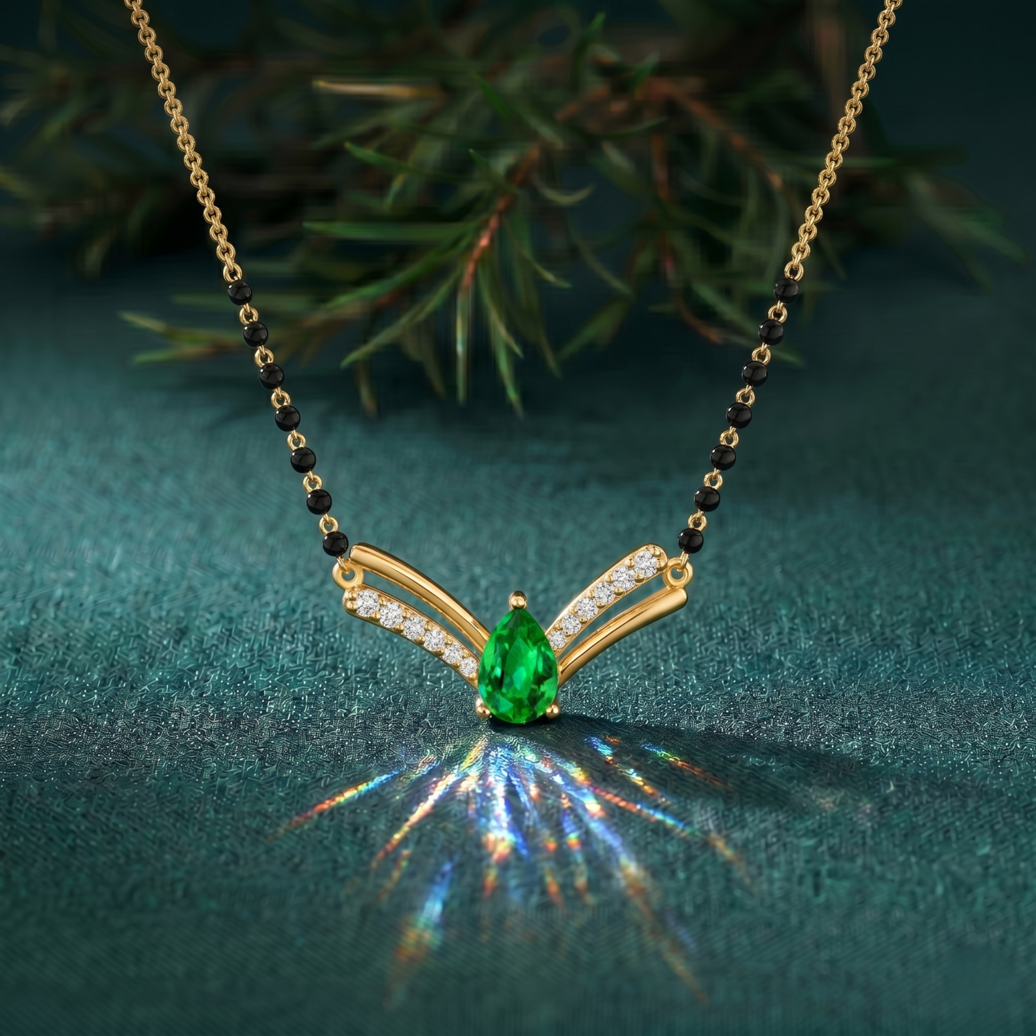 Natural Emerald Teardrop With Natural Diamond V Mangalsutra