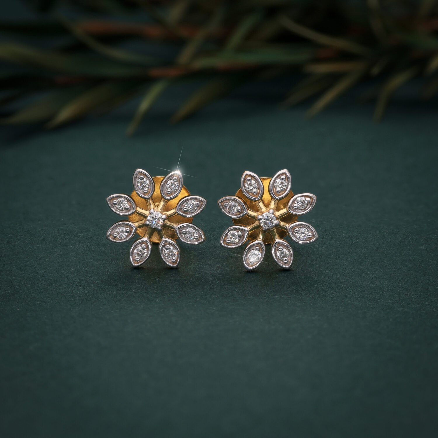 Floral Diamond Stud Earrings in 14K Yellow & White Gold For Women