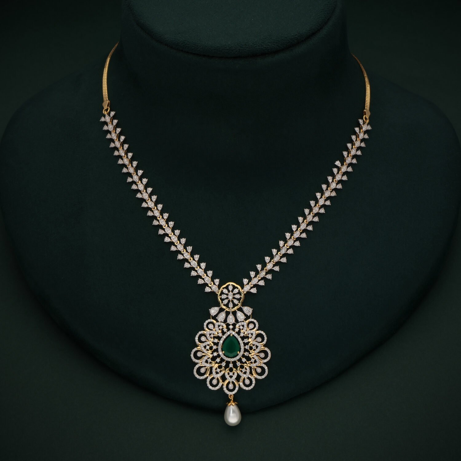 Pear Shape Emerald & Lab Grown Diamond Floral Pendant Necklace | 18K Gold | IGI Certified