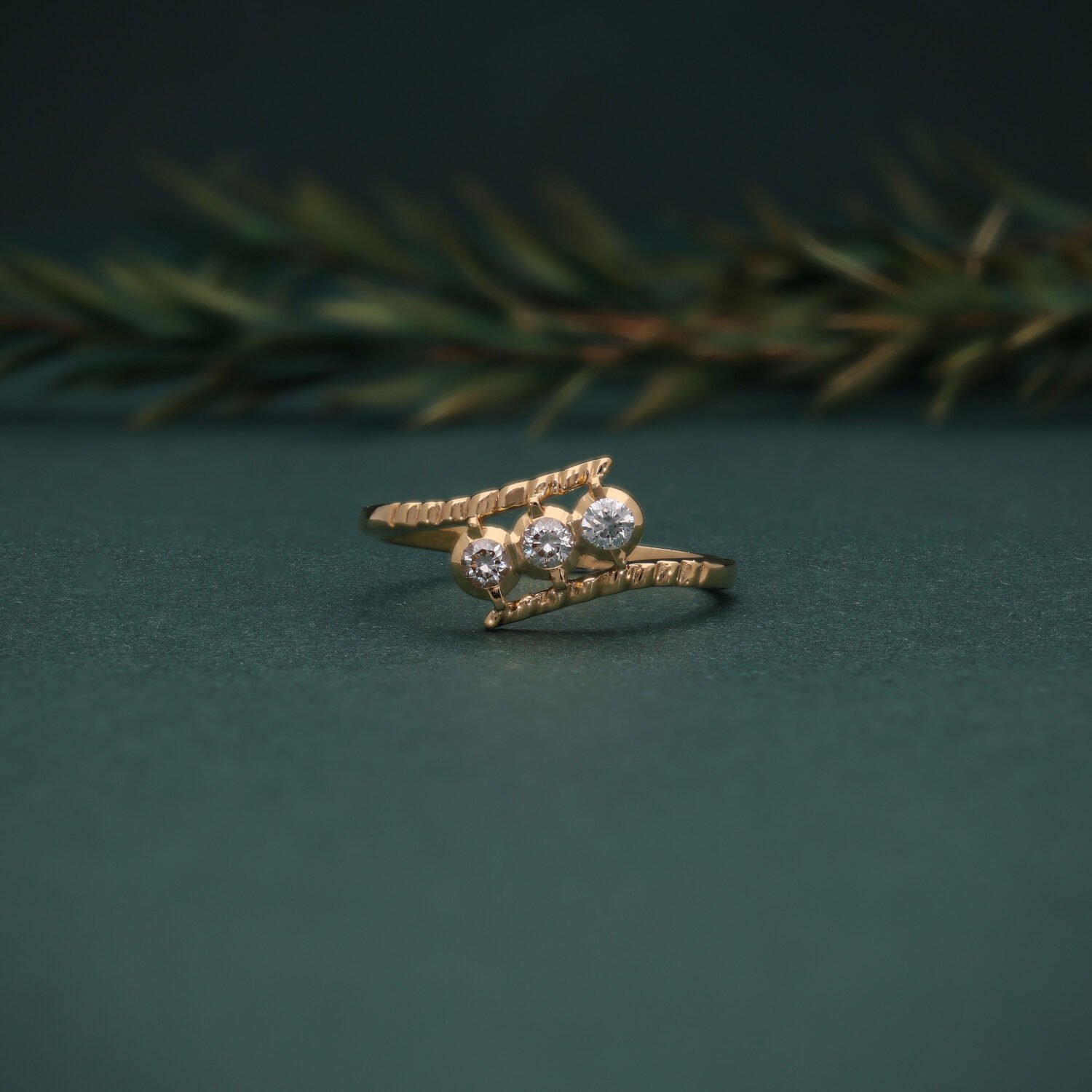 14K Yellow Gold 3 Stone Diamond Ring | Round Cut Diamond Ring