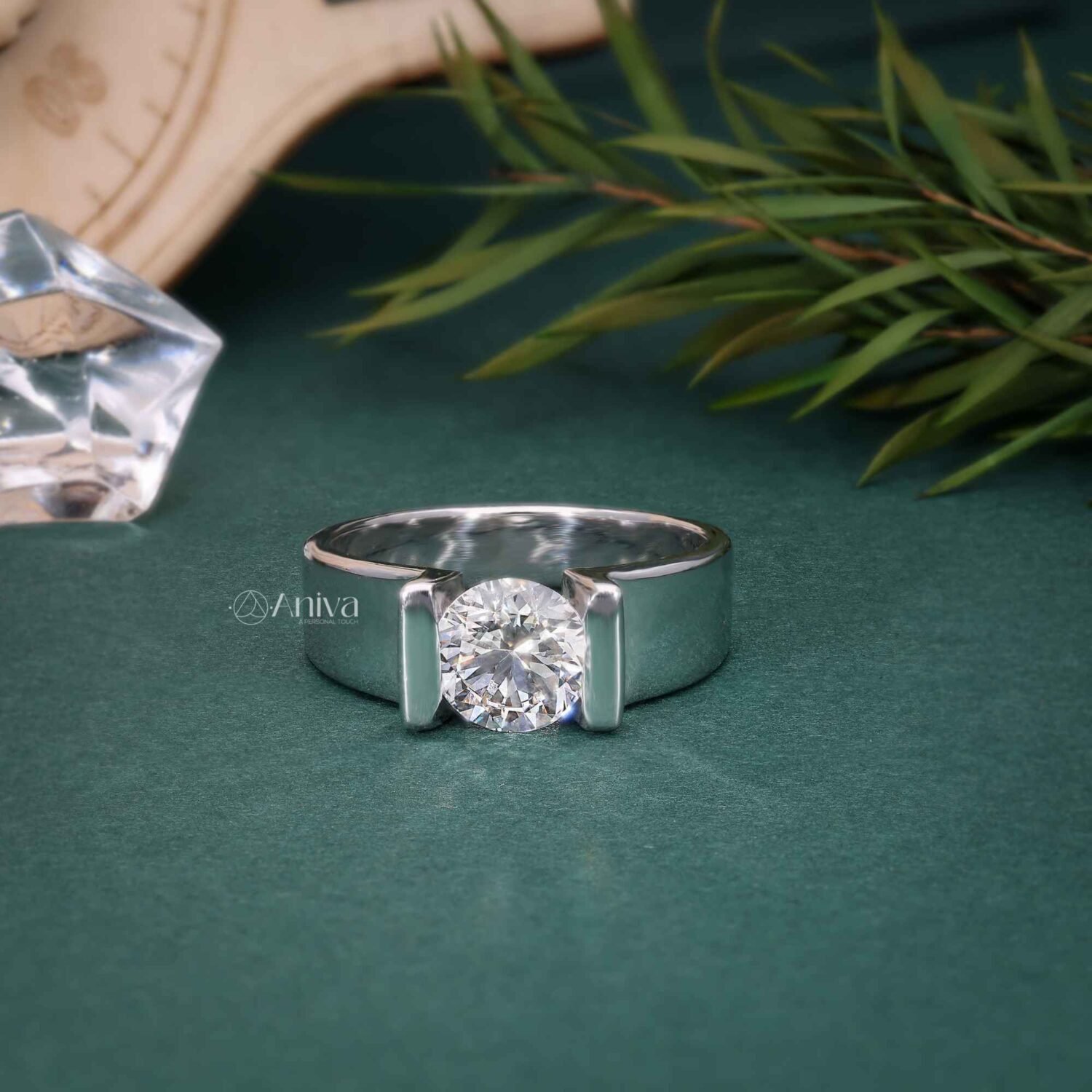 18K White Gold Round Solitaire Tension Set Ring for Men | IGI Certified