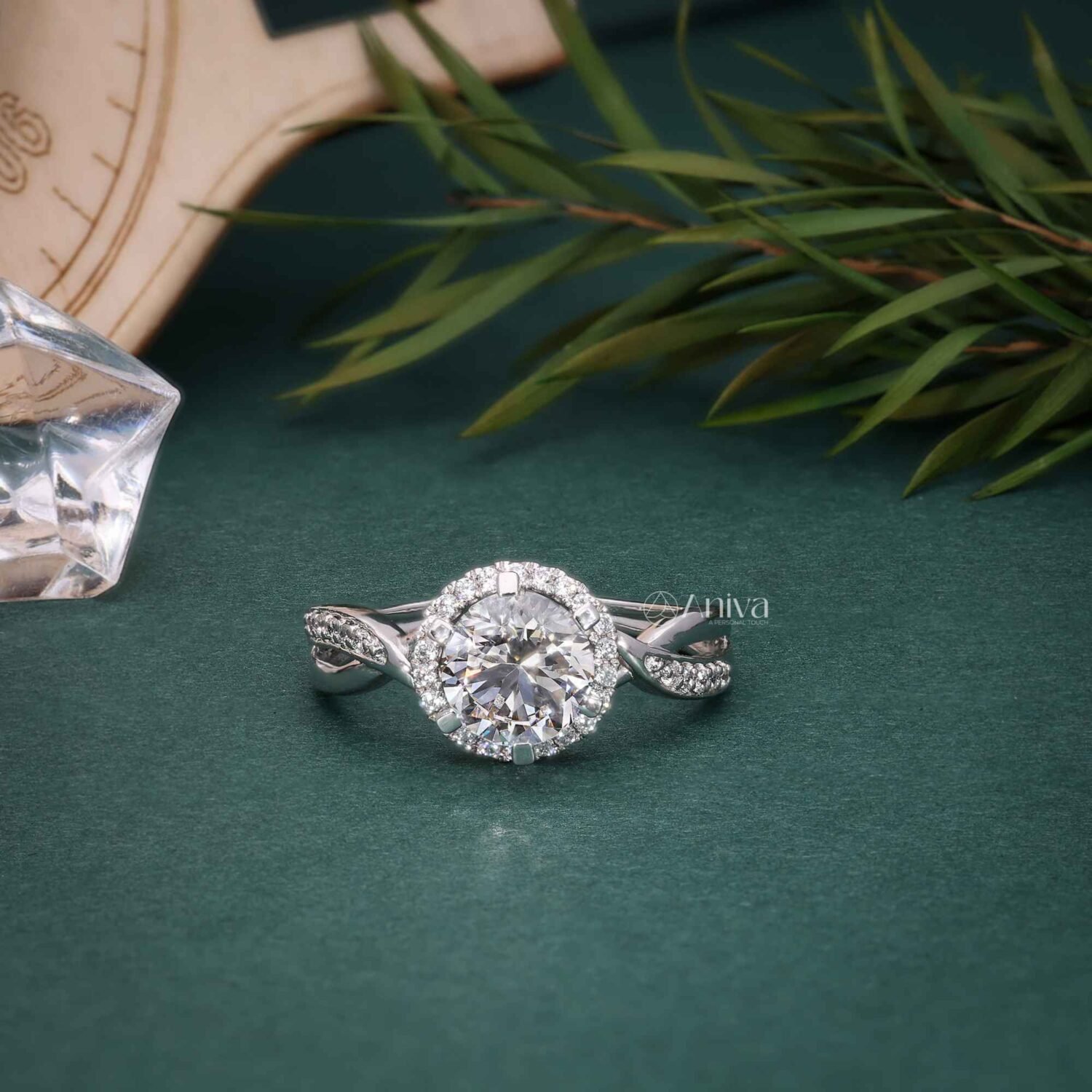 Women's 18K White Gold Twisted Halo Engagement Ring | IGI Certified