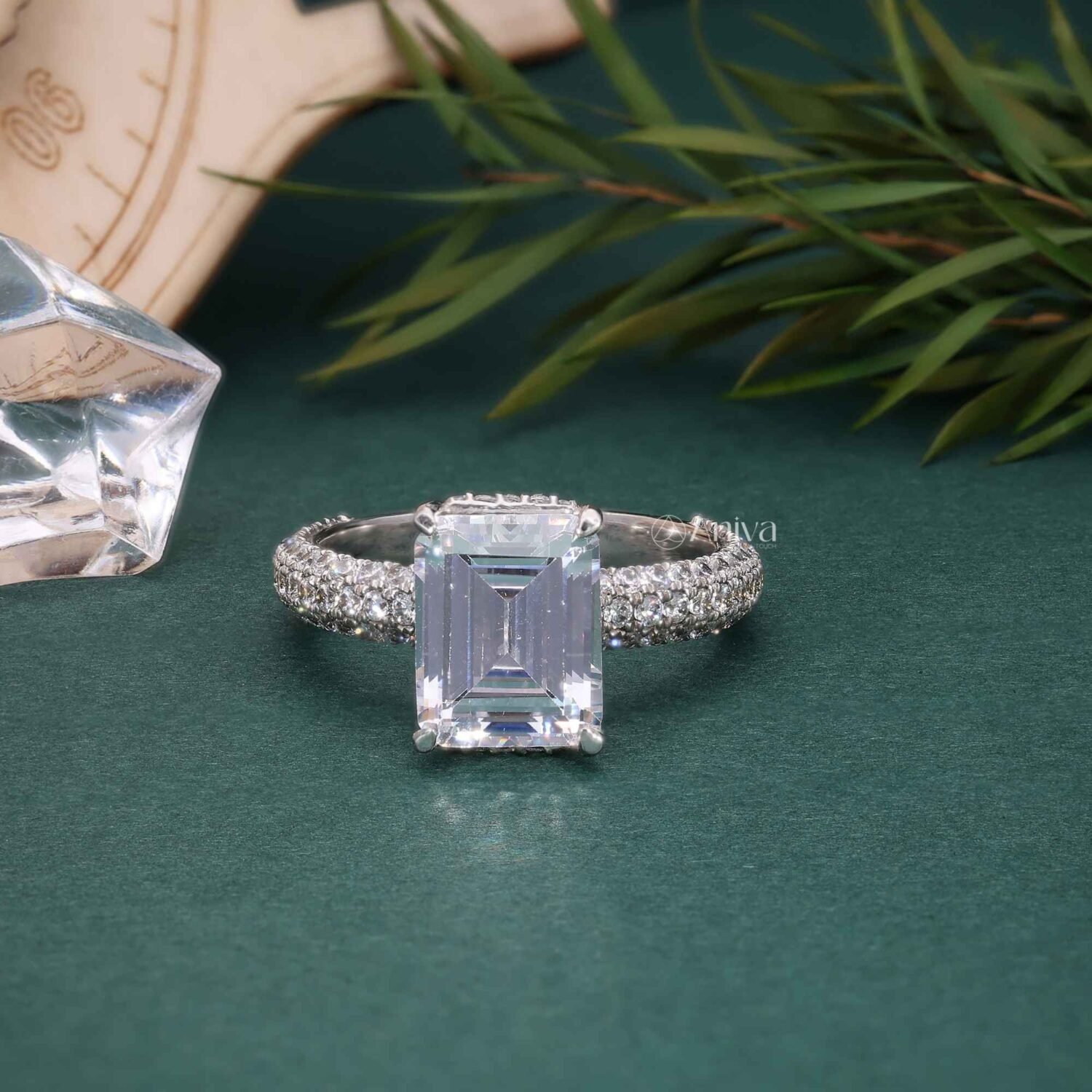 14K White Gold Emerald Cut Diamond Ring with Triple-Row Pave Band | IGI Certified