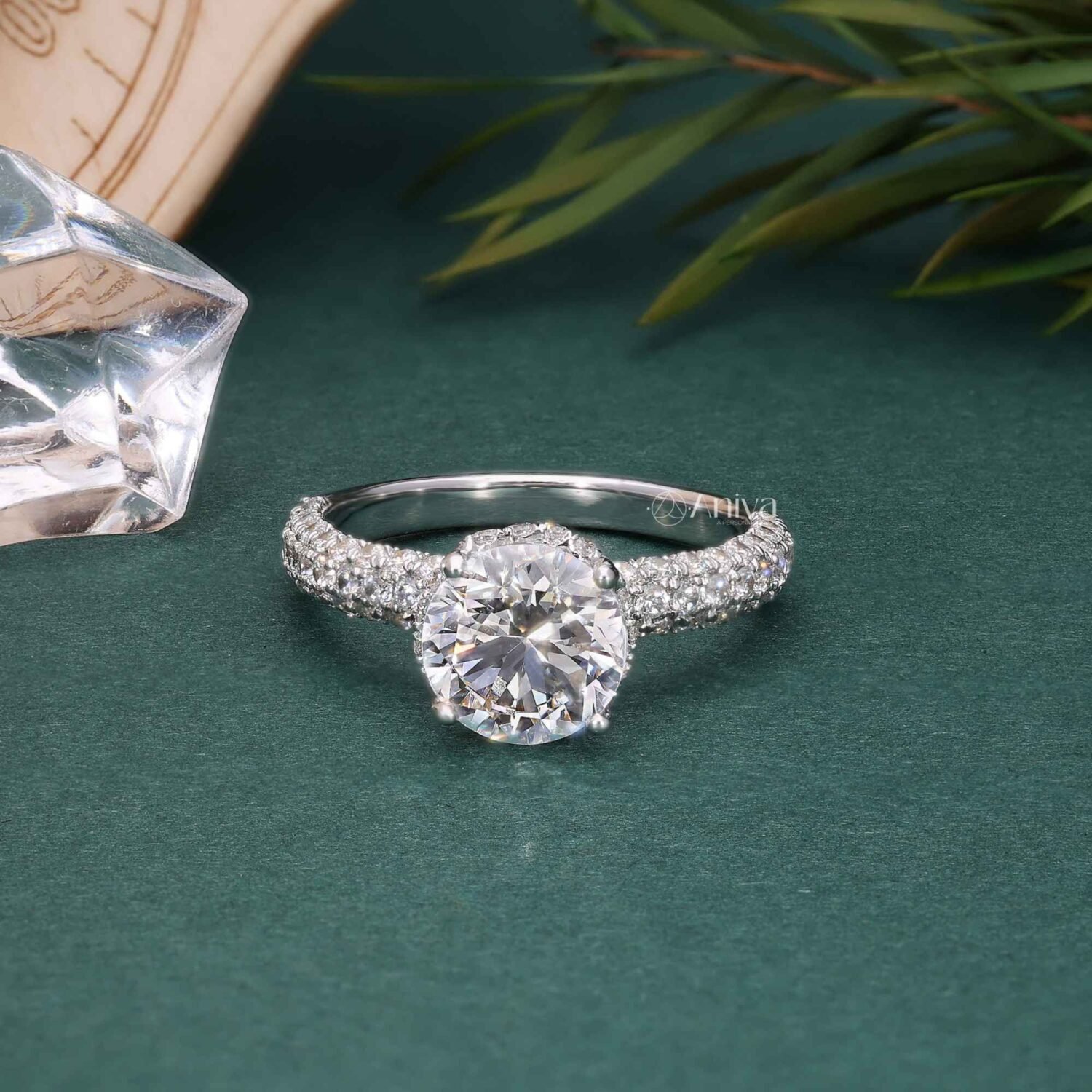 18K White Gold Round Solitaire Ring with Diamond-Encrusted Band | IGI Certified