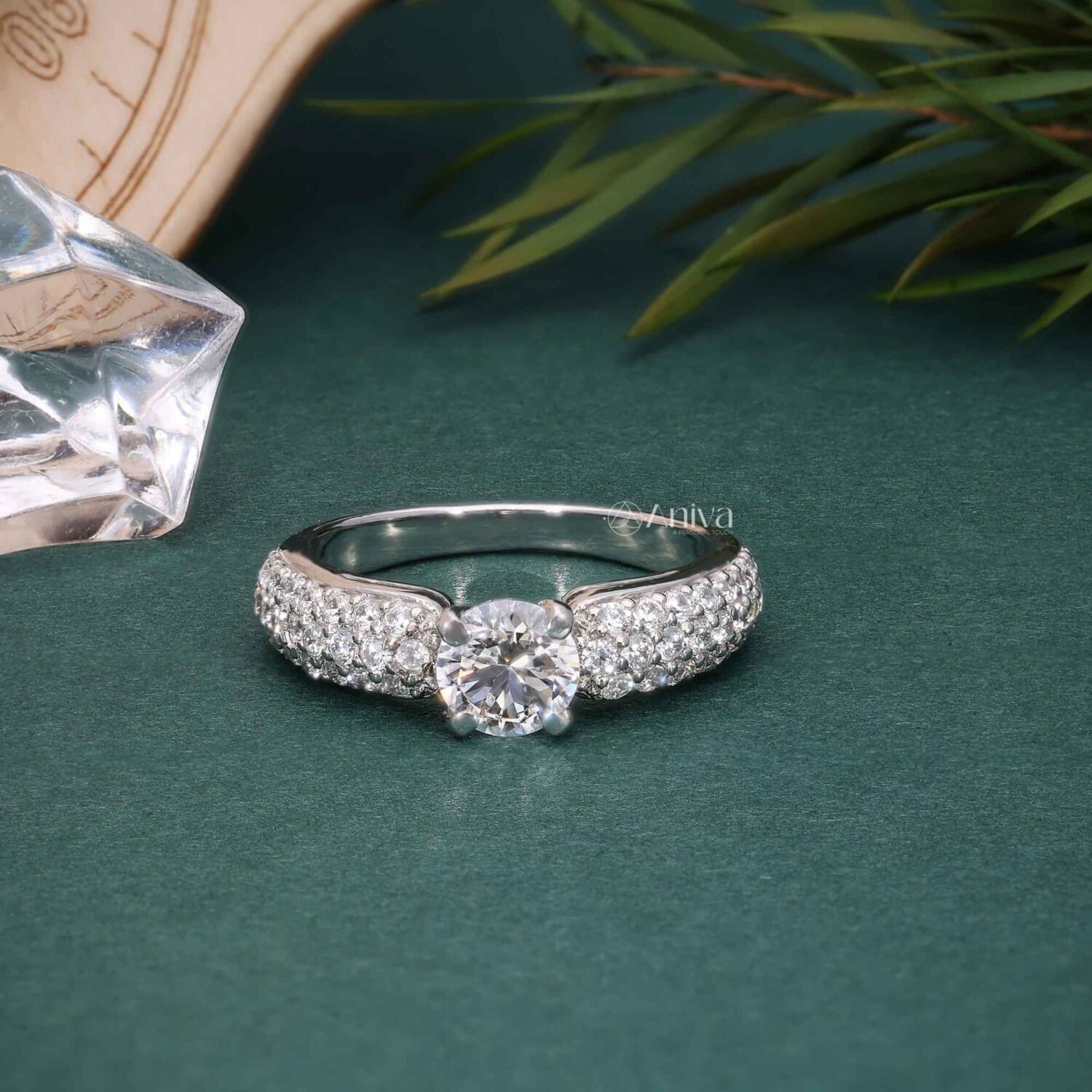 18K White Gold Solitaire Ring with Wide Pave Diamond Band | IGI Certified