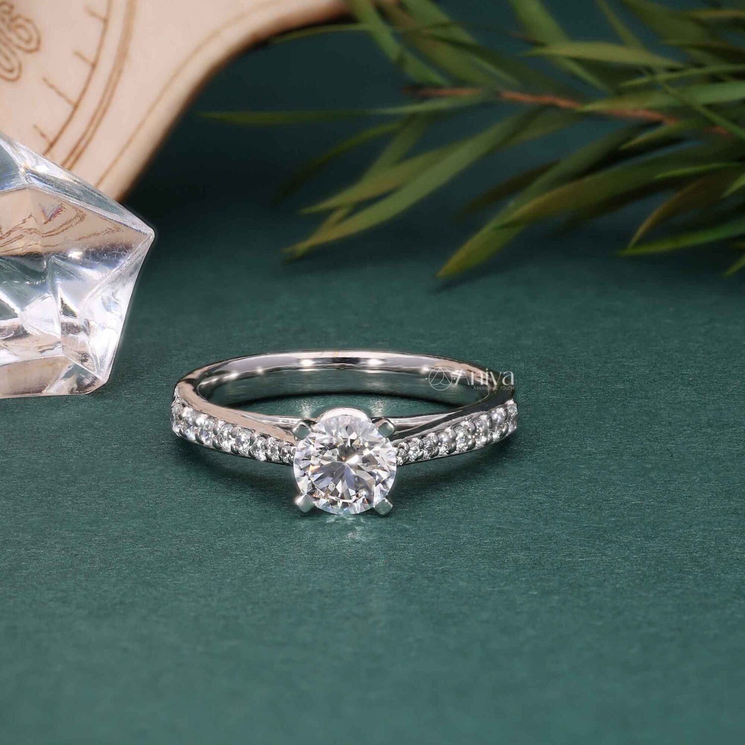 Classic 18K White Gold Solitaire Engagement Ring with Diamond Pave Band | IGI Certified
