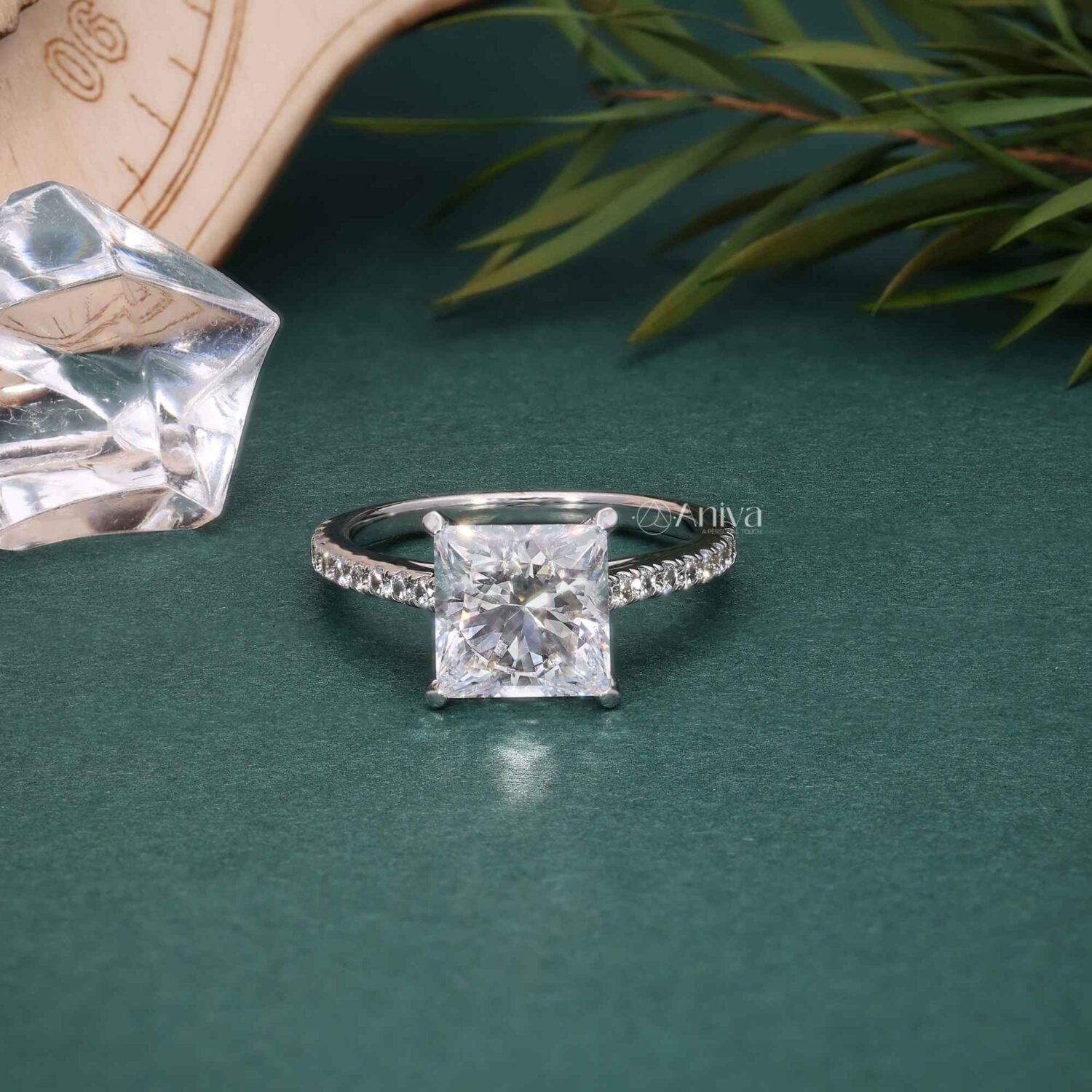 18K White Gold Princess Cut Solitaire Ring with Pave Band | IGI Certified