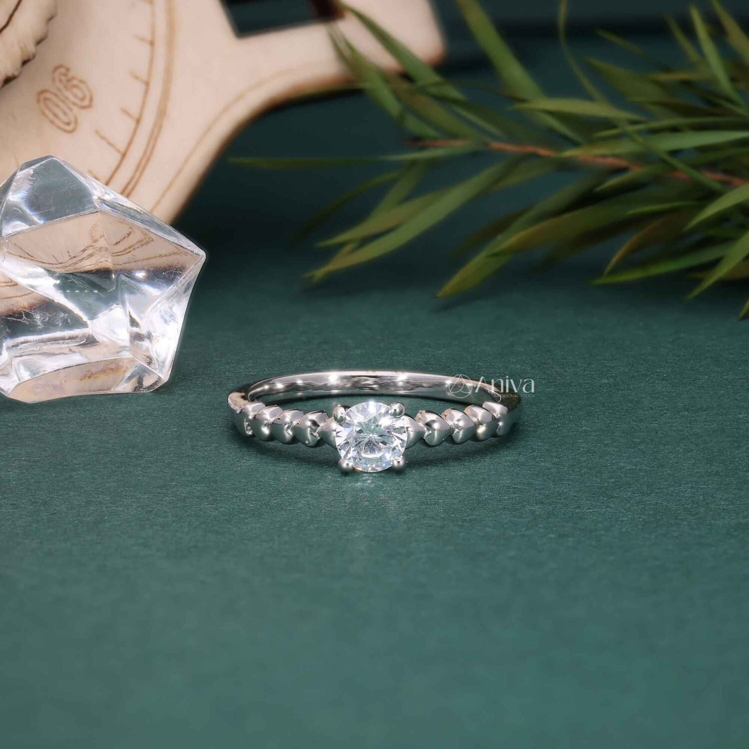 Dainty 18K White Gold Solitaire Ring with Beaded Band Design Ring | IGI Certified