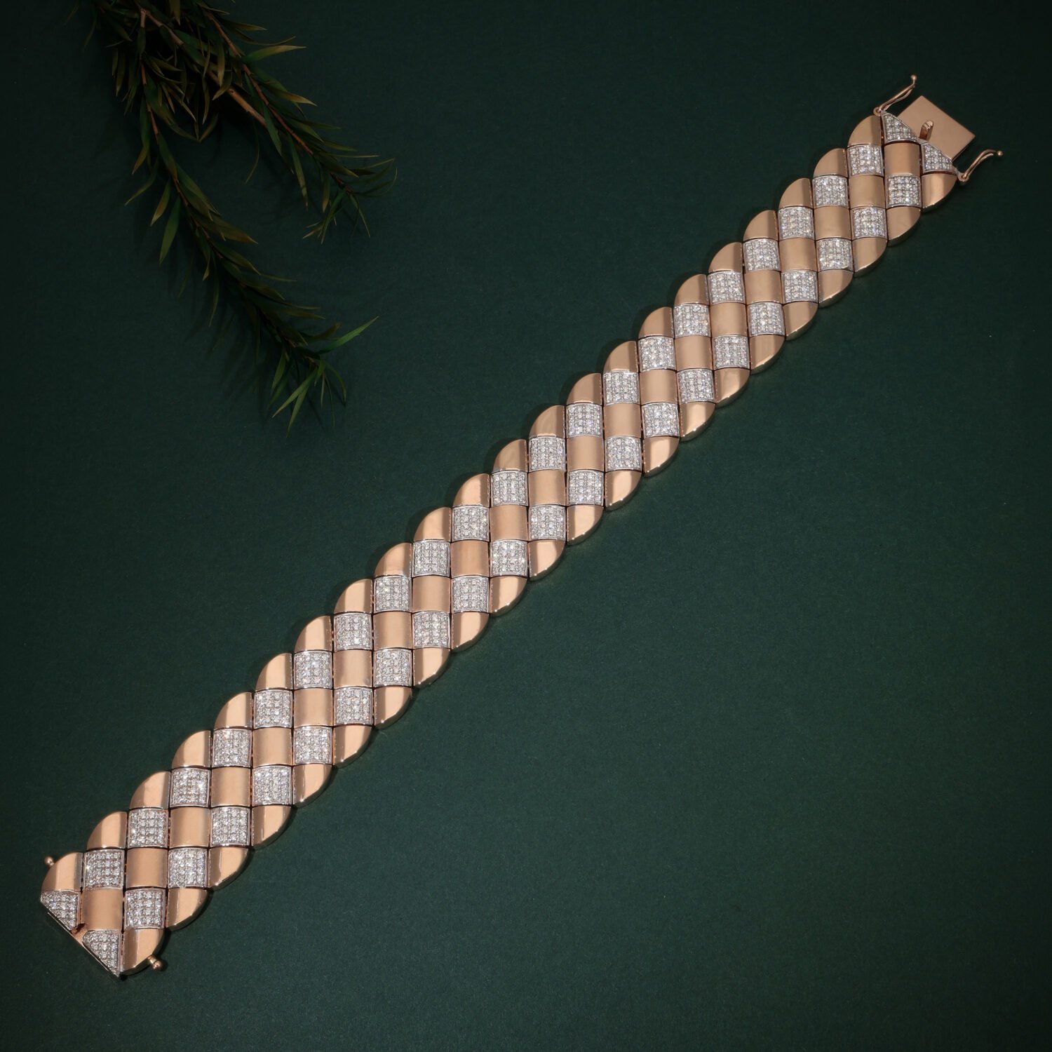 Opulent 18K Rose Gold Woven Checkerboard Diamond Bracelet | IGI Certified