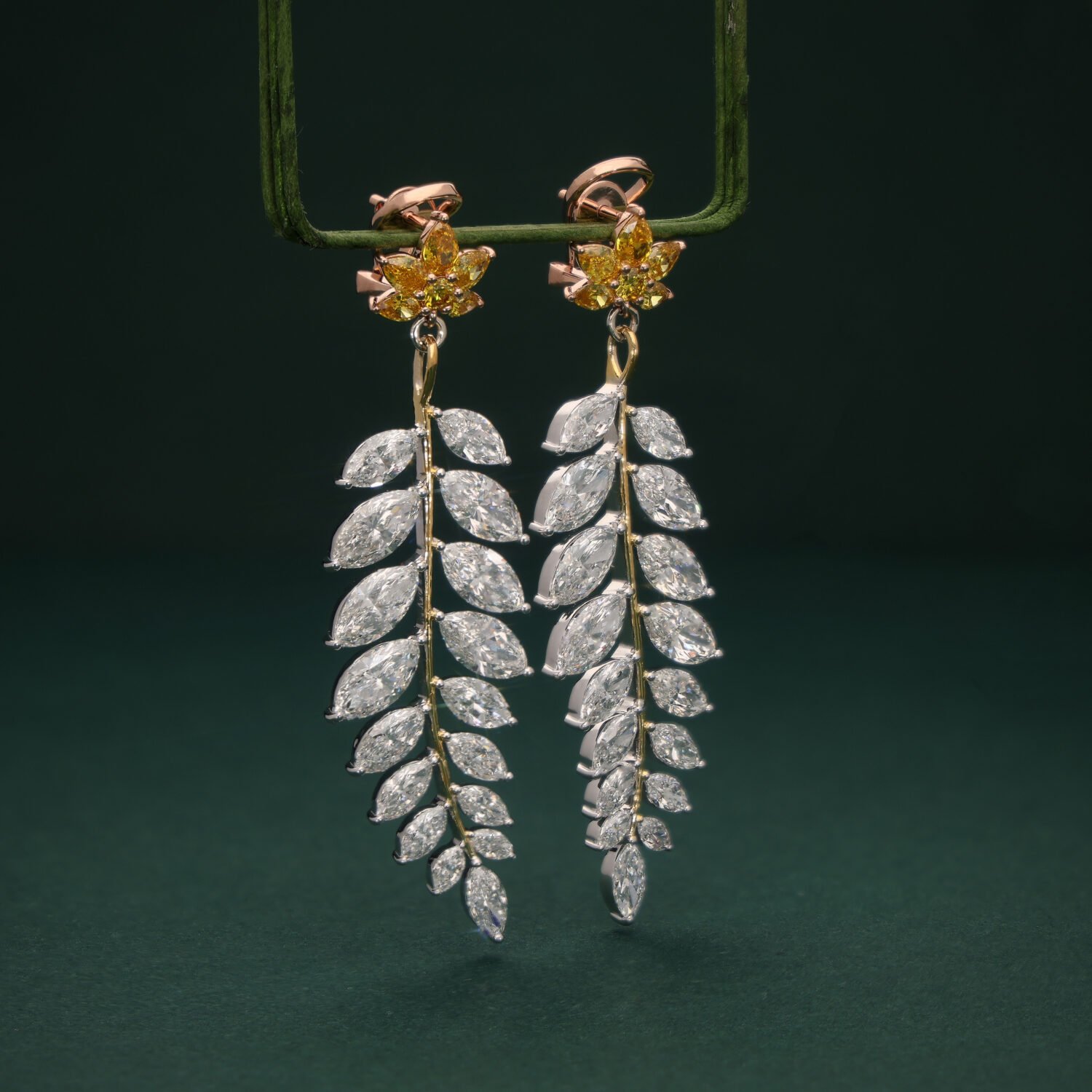 Yellow Sapphire & Diamond Leaf Drop Earrings – 18KT Gold