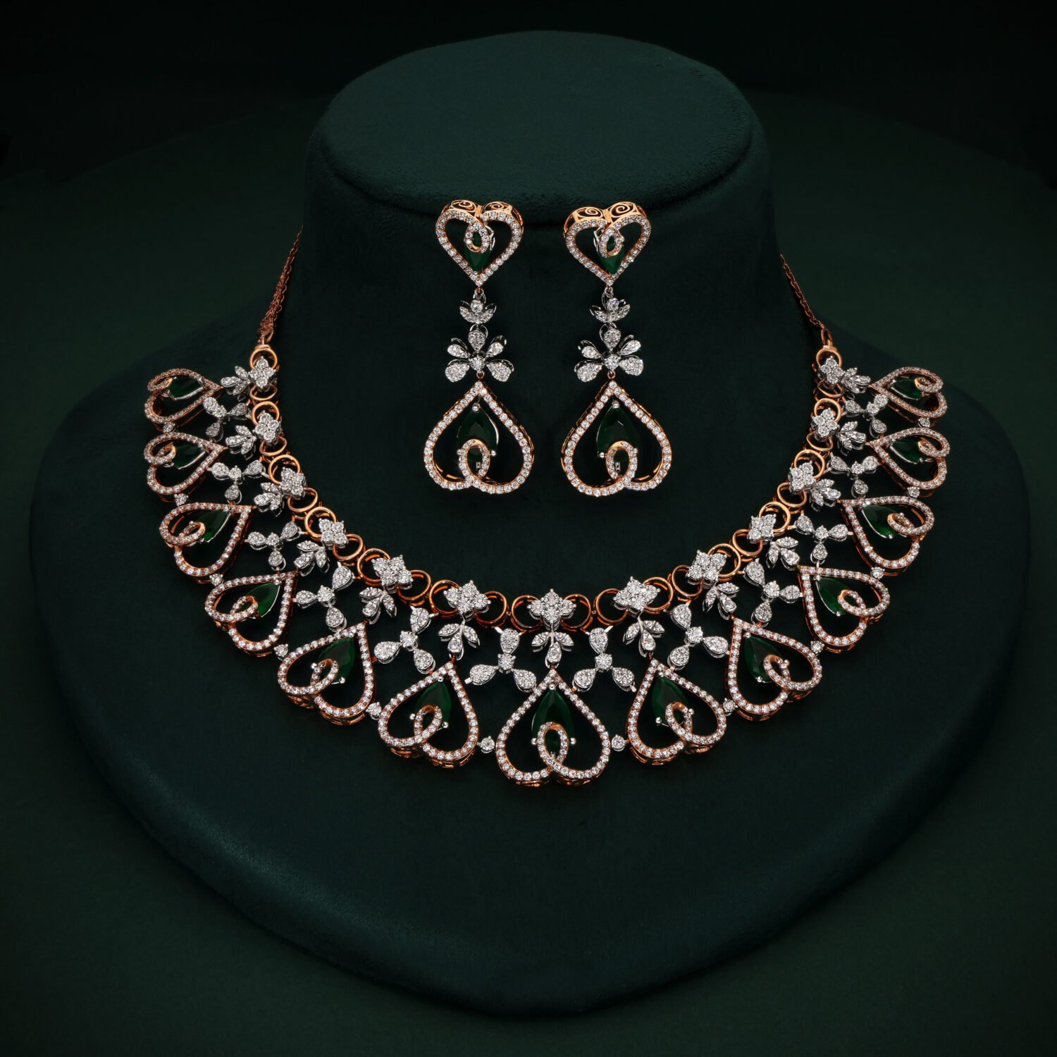 Opulent 14K Rose Gold Heart Motif Diamond Necklace Set with Green Gemstones | IGI Certified