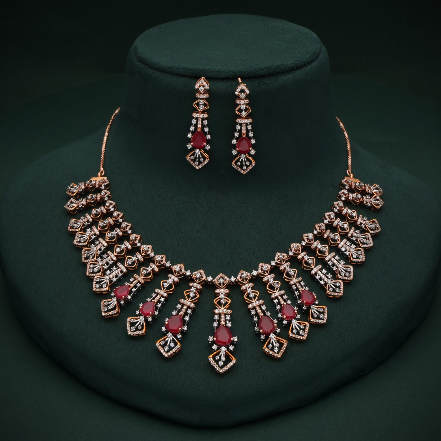 Dramatic 18K Rose Gold Geometric Diamond & Ruby Fringe Necklace Set | IGI Certified