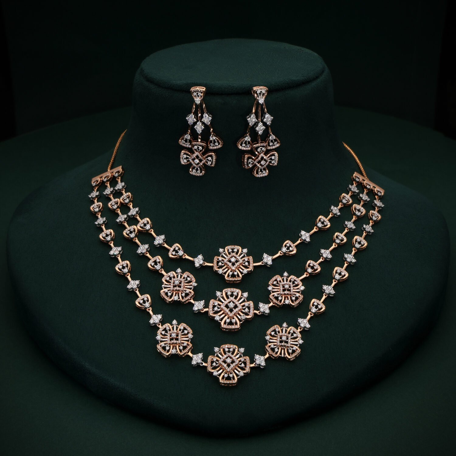 Majestic 18K Rose Gold Triple Strand Diamond Medallion Necklace Set | IGI Certified