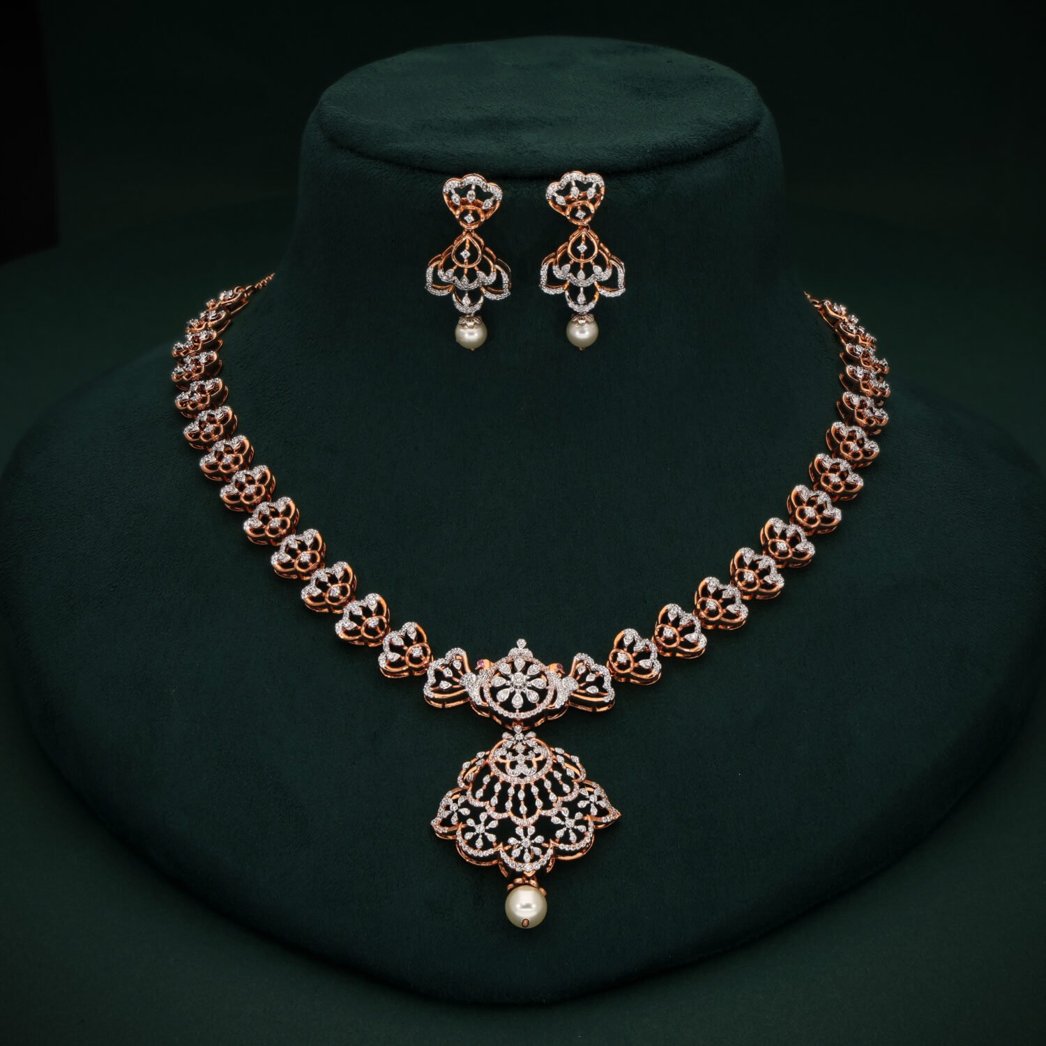 Regal 18K Rose Gold Floral Diamond Necklace Set with Peacock Motif Pendant | IGI Certified
