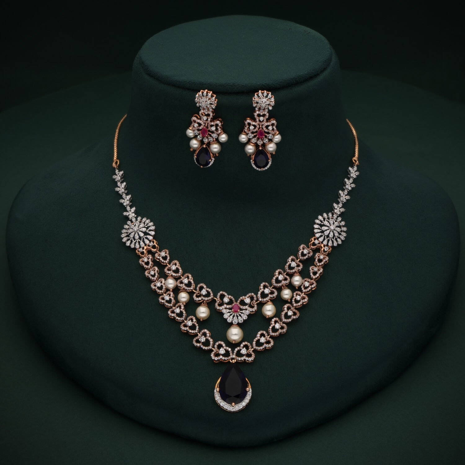 Opulent 18K Rose Gold Diamond, Pearl & Sapphire Drop Necklace Set | IGI Certified