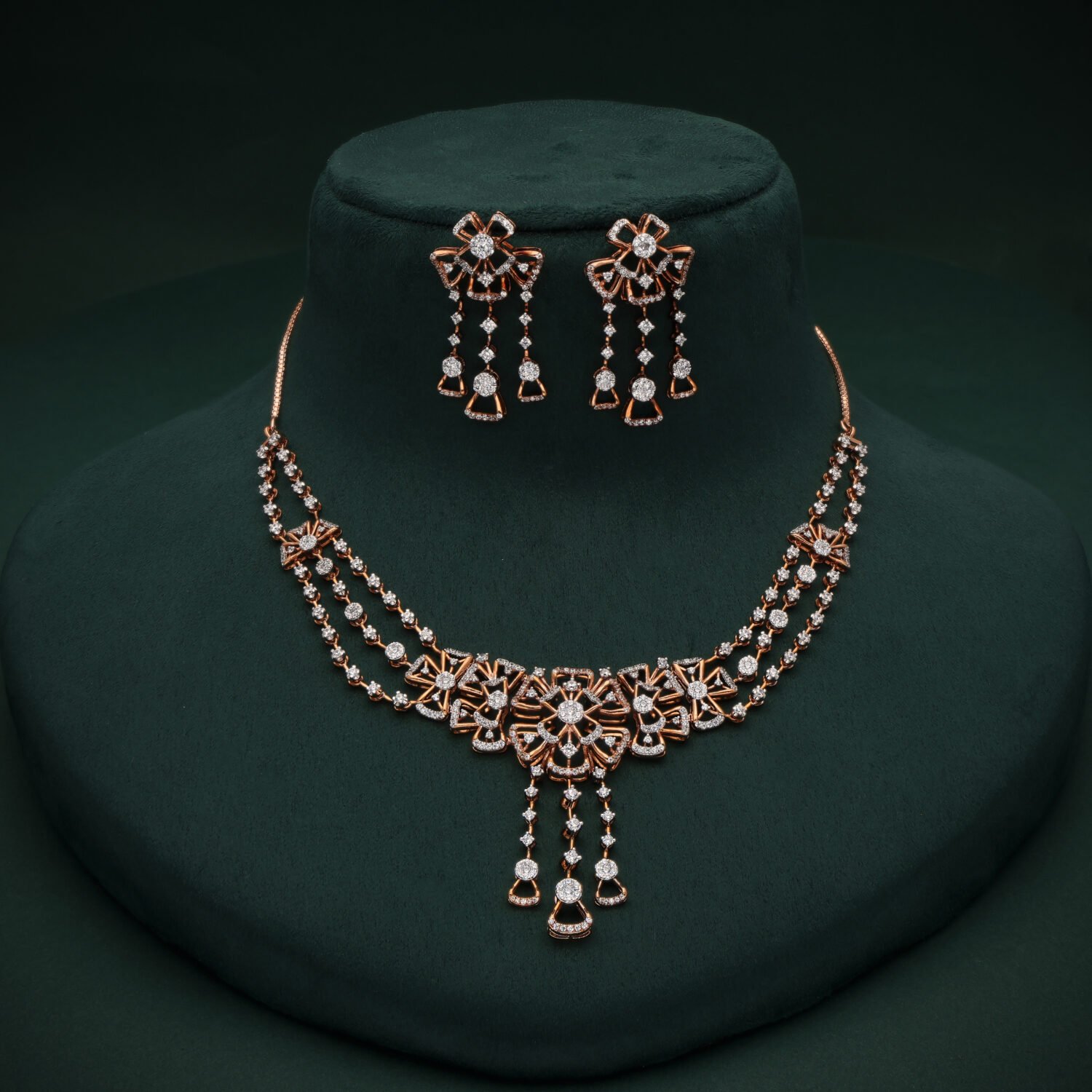 Graceful 18K Rose Gold Starburst Diamond Necklace Set with Tasselled Drops | IGI Certified