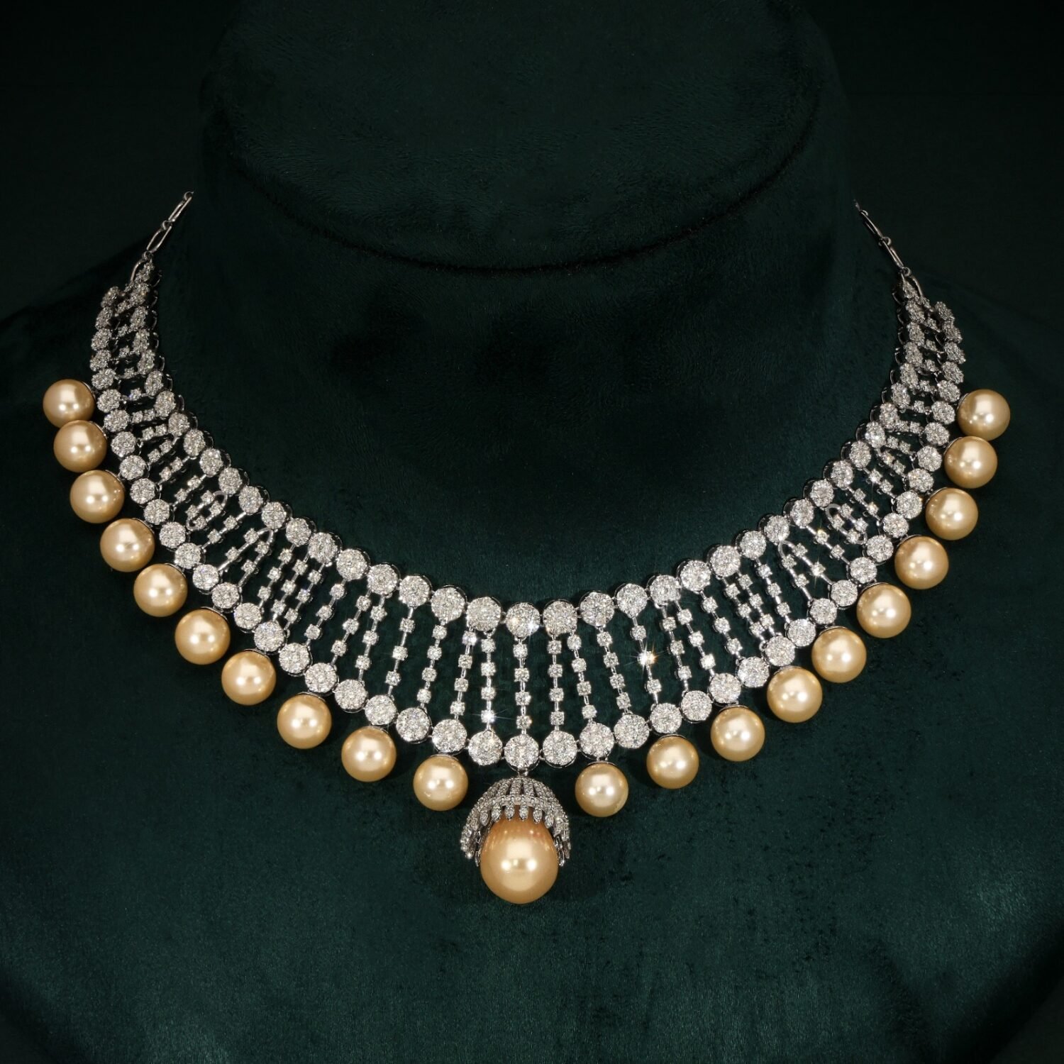 Opulent 14K White Gold Diamond & Golden Pearl Cascade Necklace | IGI Certified