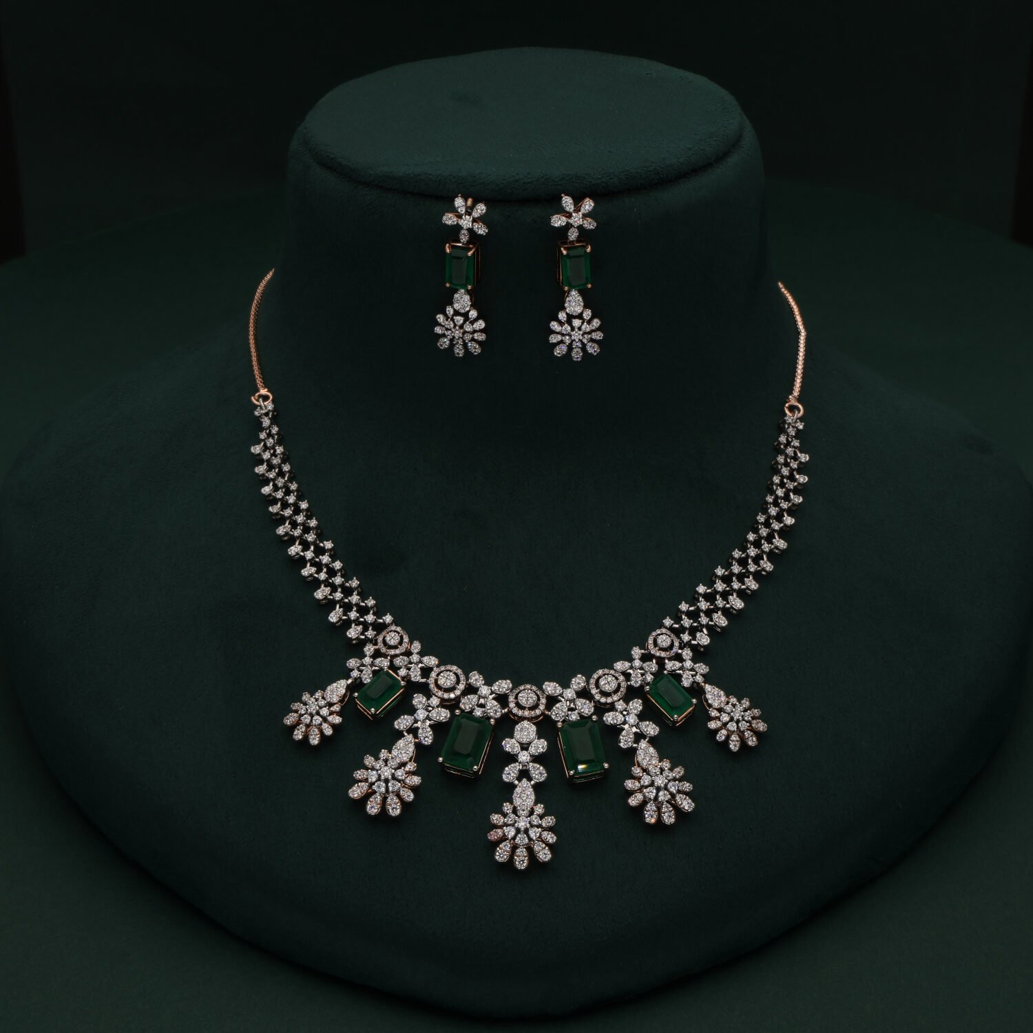 Regal 18K White Gold Floral Diamond Necklace Set with Emerald-Cut Green Gemstones | IGI Certified