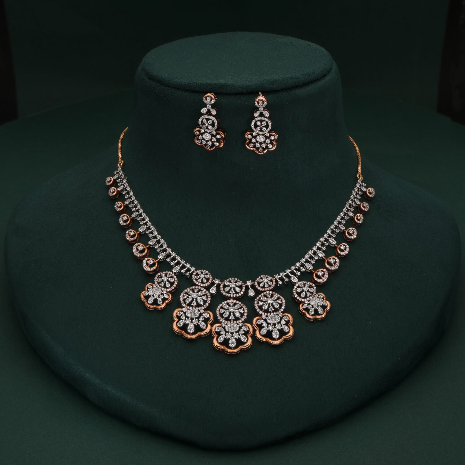 Enchanting 18K Rose Gold Floral Medallion Diamond Necklace Set | IGI Certified
