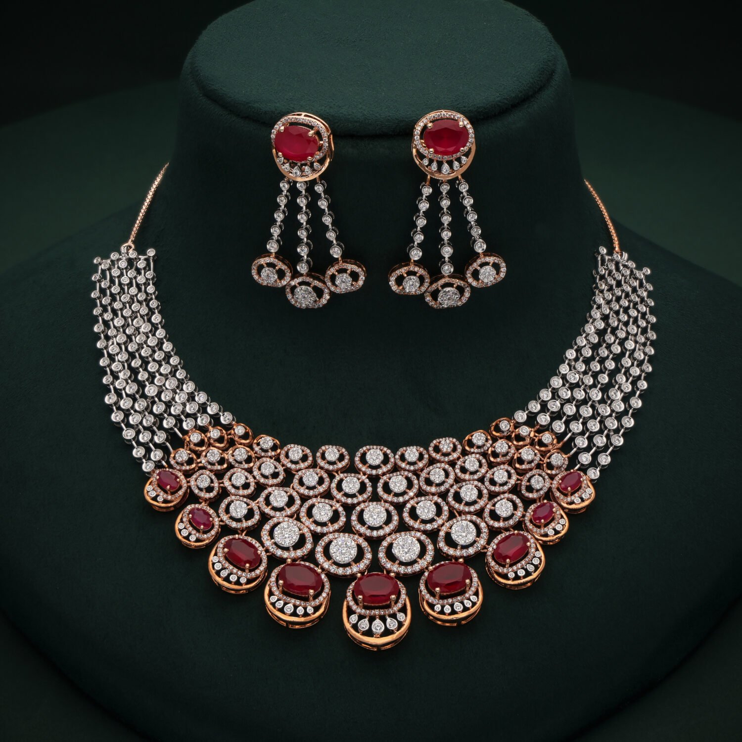 Opulent 18K Rose Gold Multi-Strand Diamond & Ruby Bib Necklace Set | IGI Certified