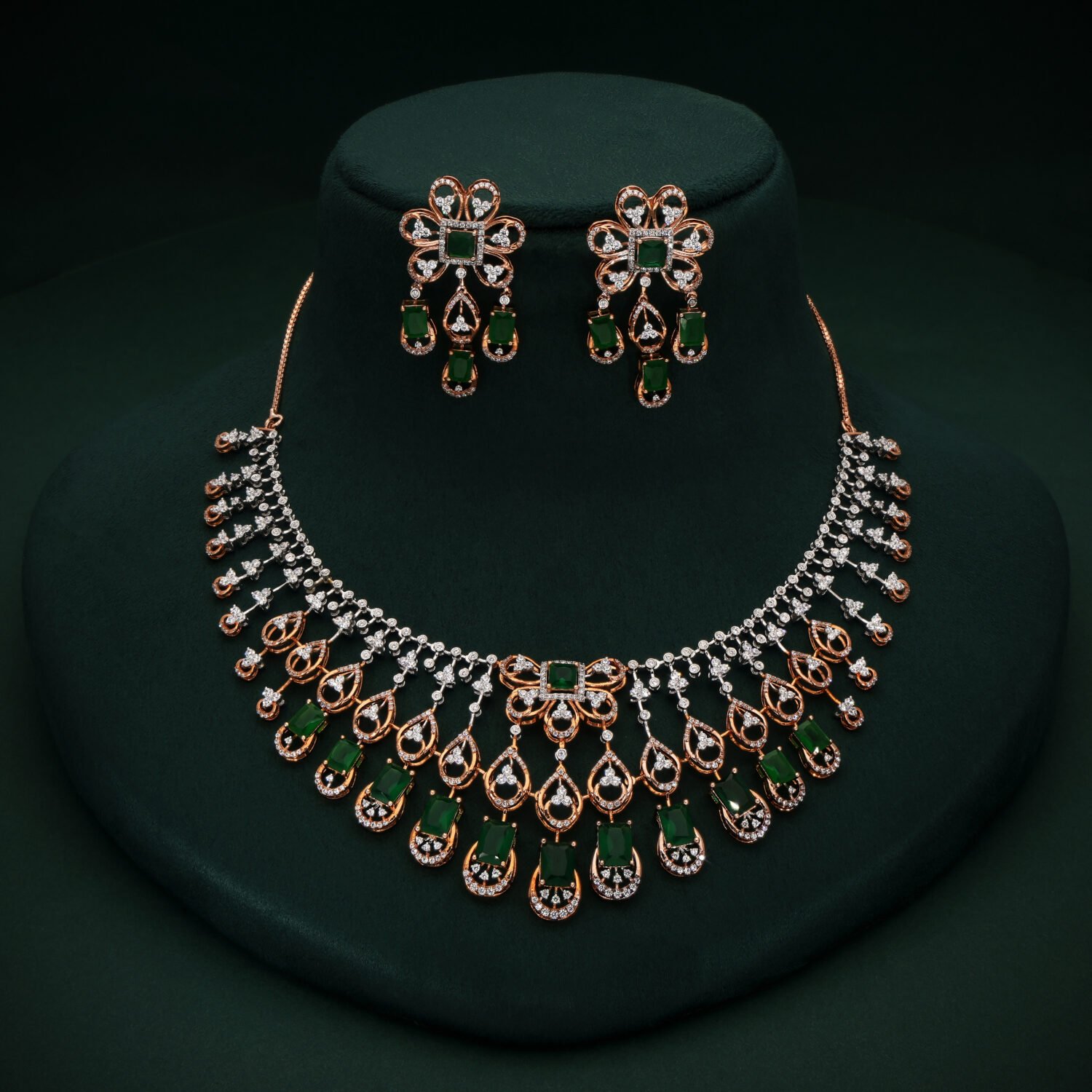 Regal 14K Rose Gold Natural Diamond & Green Gemstone Cascade Necklace Set | IGI Certified