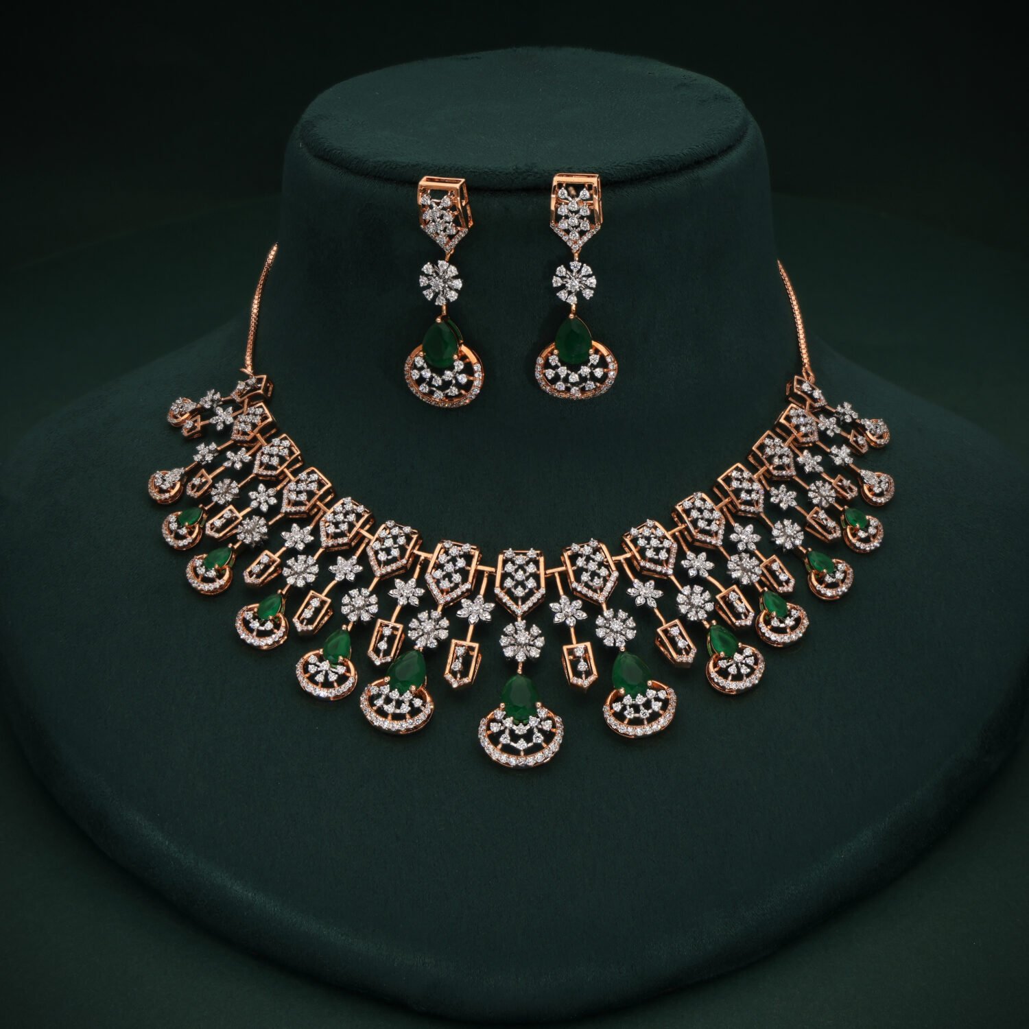 14K Rose Gold Natural Diamond Floral Necklace Set with Pear-Cut Green Gemstones | IGI Certified
