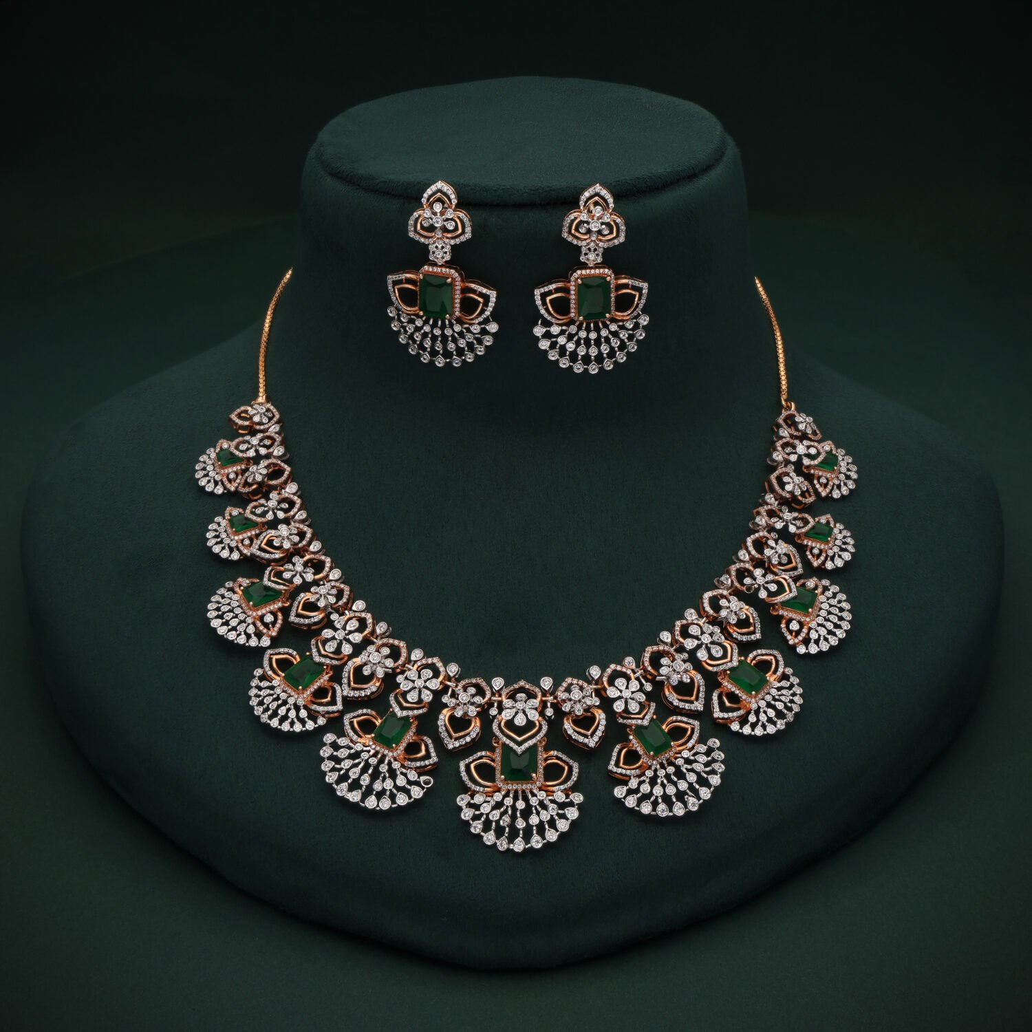 Regal 18K Rose Gold Fan-Design Lab Grown Diamond Necklace Set with Green Gemstones | IGI Certified