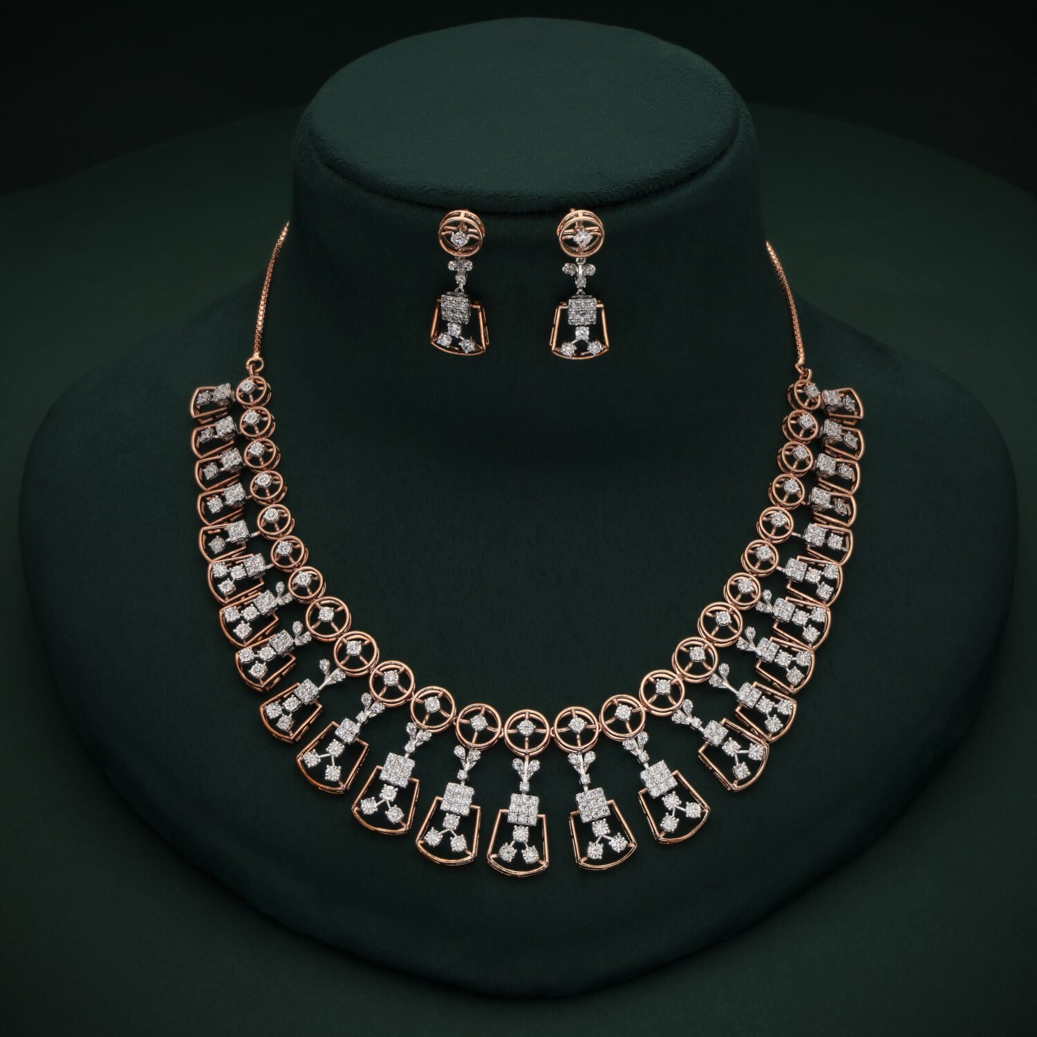 Rose Gold American Diamond Necklace Set with Matching Drop Earrings for Women | IGI Certified