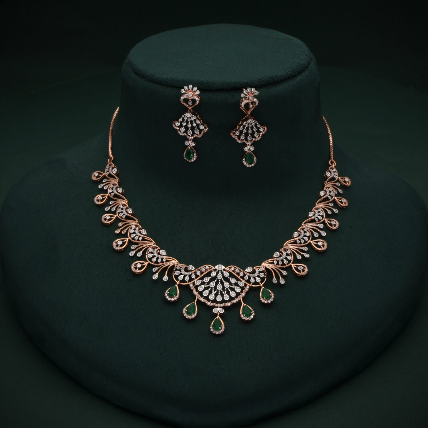 Graceful 18K Rose Gold Vine Motif Diamond Necklace Set with Pear-Cut Green Gemstone | IGI Certified
