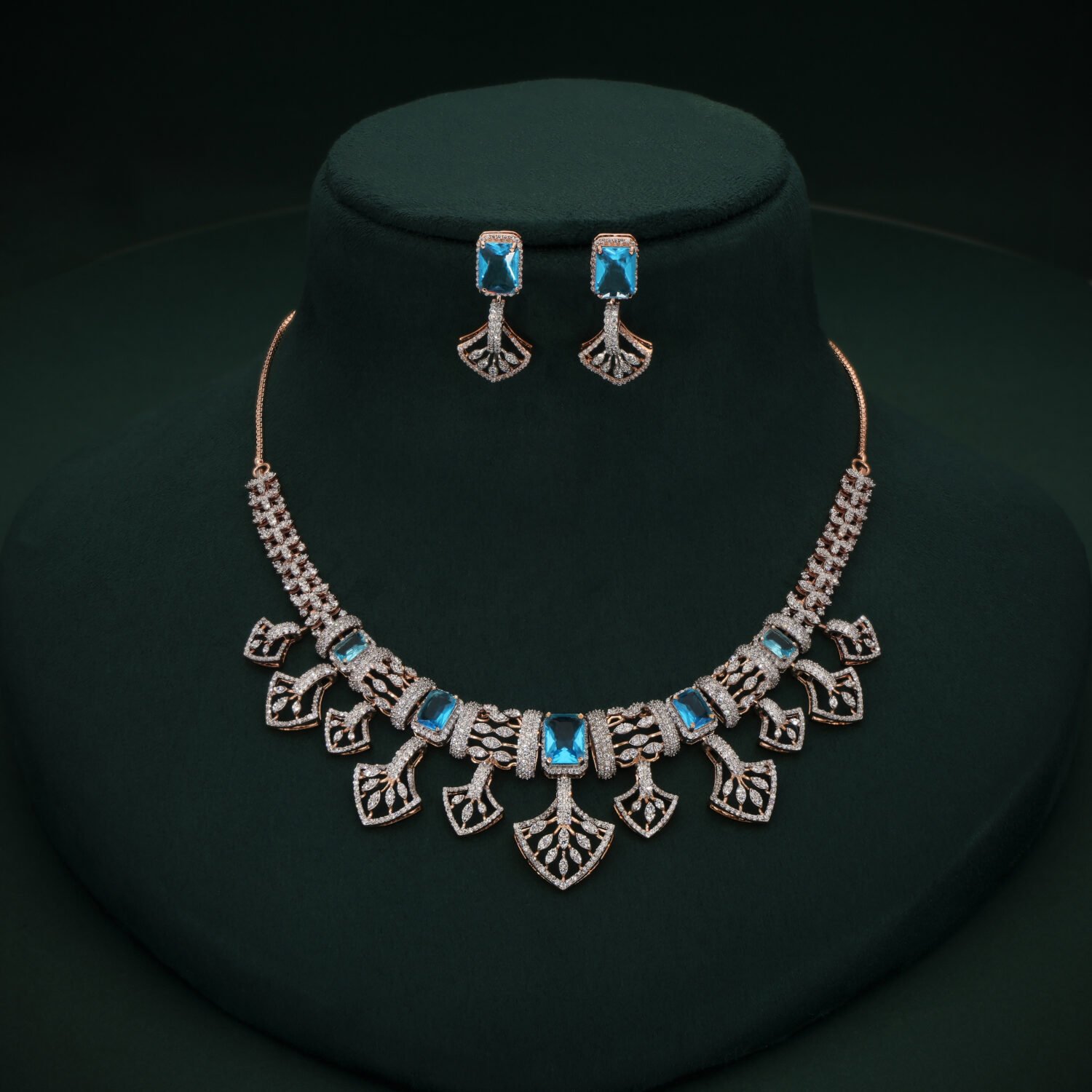 Striking 18K Rose Gold Leaf Fan Diamond Necklace Set with Vivid Blue Gemstones | IGI Certified