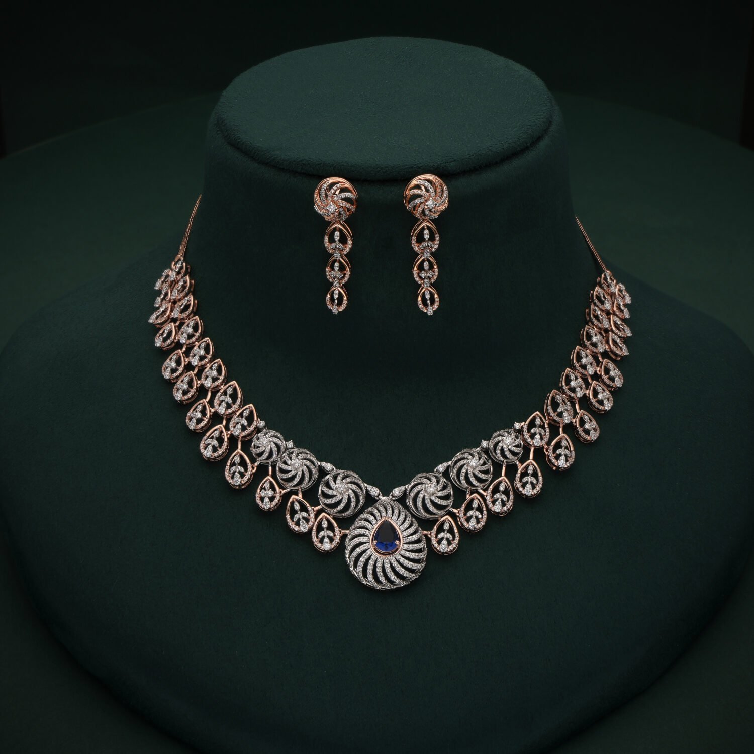 18K Rose Gold Swirl Diamond Necklace Set with Pear-Cut Sapphire Pendant | IGI Certified