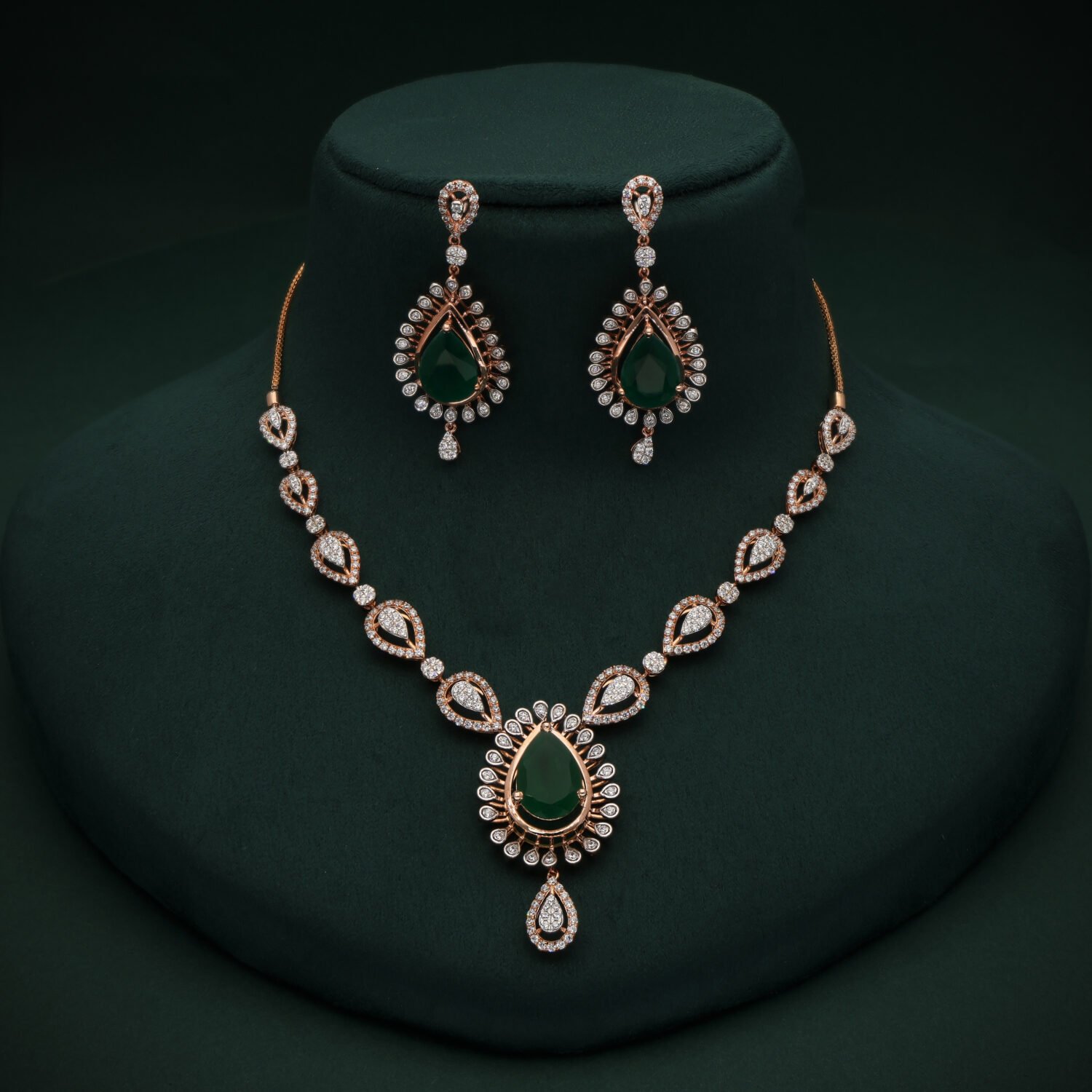 14K Rose Gold Sunburst Diamond Necklace Set with Pear-Cut Green Gemstones | IGI Certified
