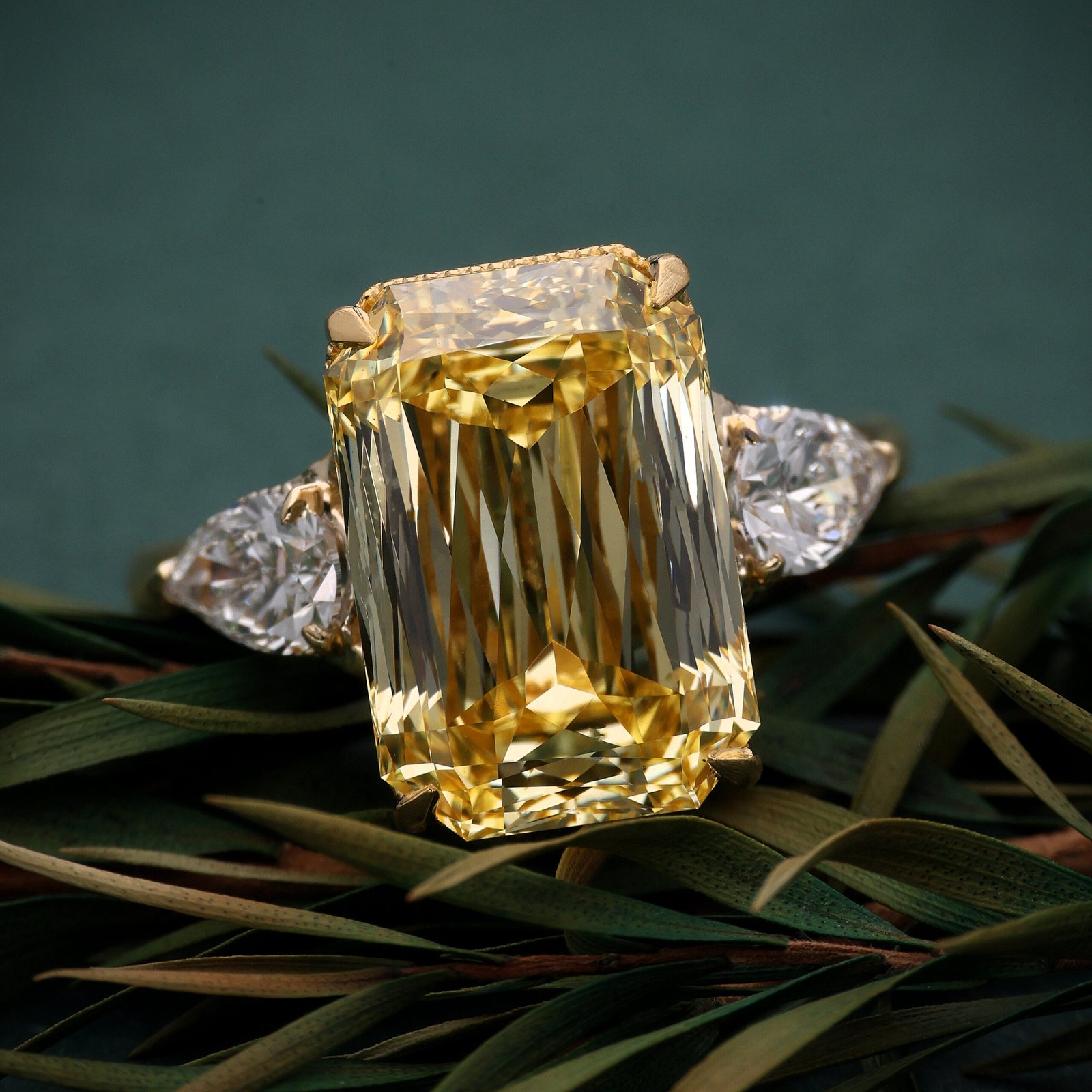 Solitaire engagement trilogy ring yellow diamond ashoka cut, engagement ring